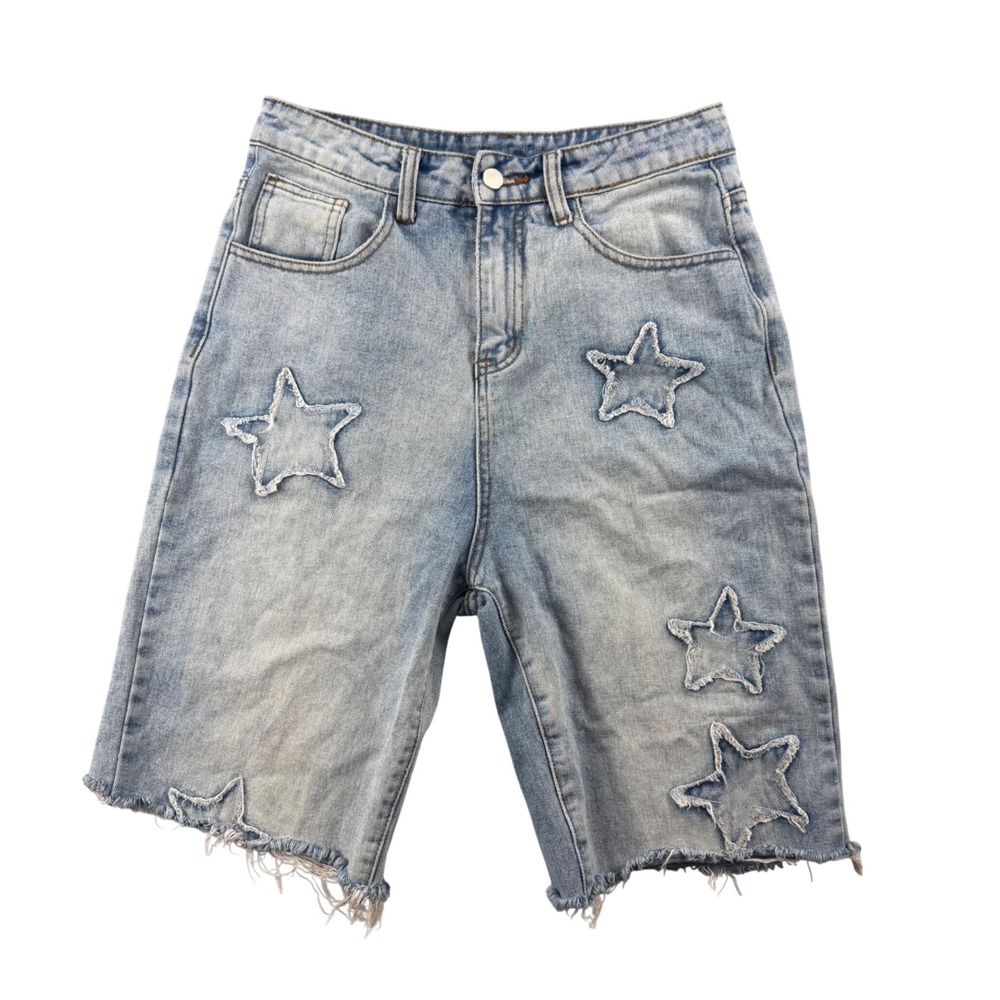 Mens Light Wash Star Patch Distressed Denim Shorts Raw Hem 28W SKATER PUNK Y2K